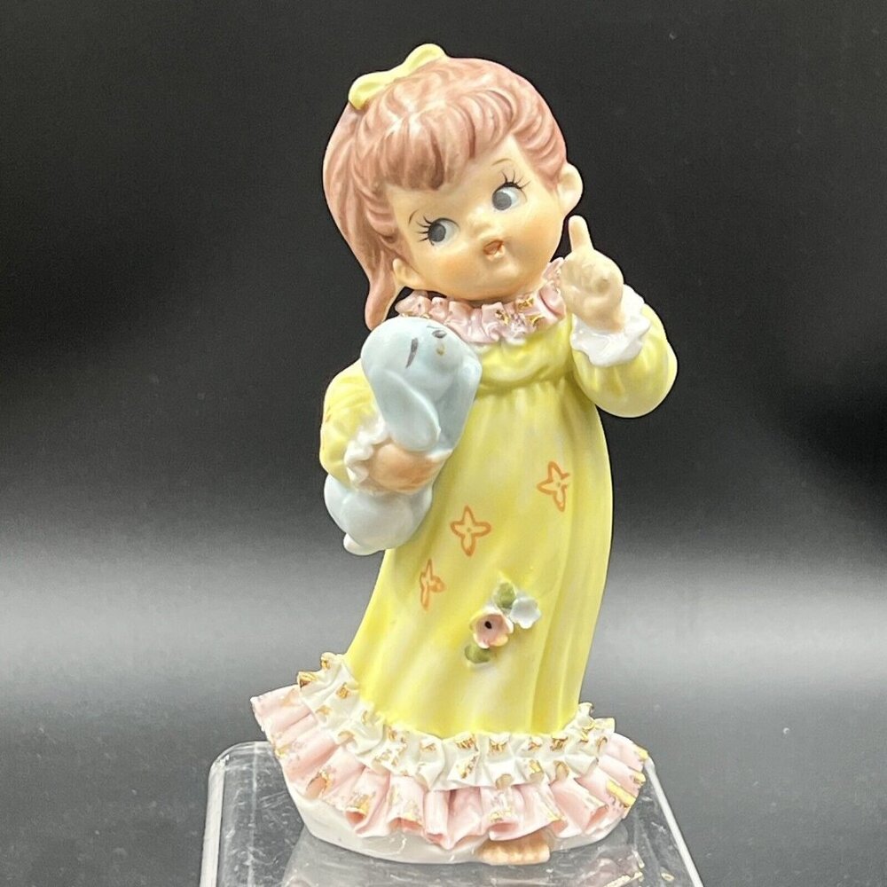 Lefton Figurine Ponytail Girl Yellow Nightgown Pink Ruffles Blue Puppy  TW-117